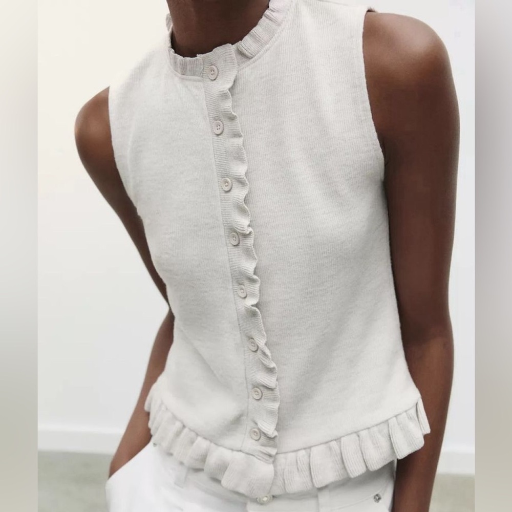 NWT Zara Button-Front Ruffle Trim Top - Picture 2 of 7